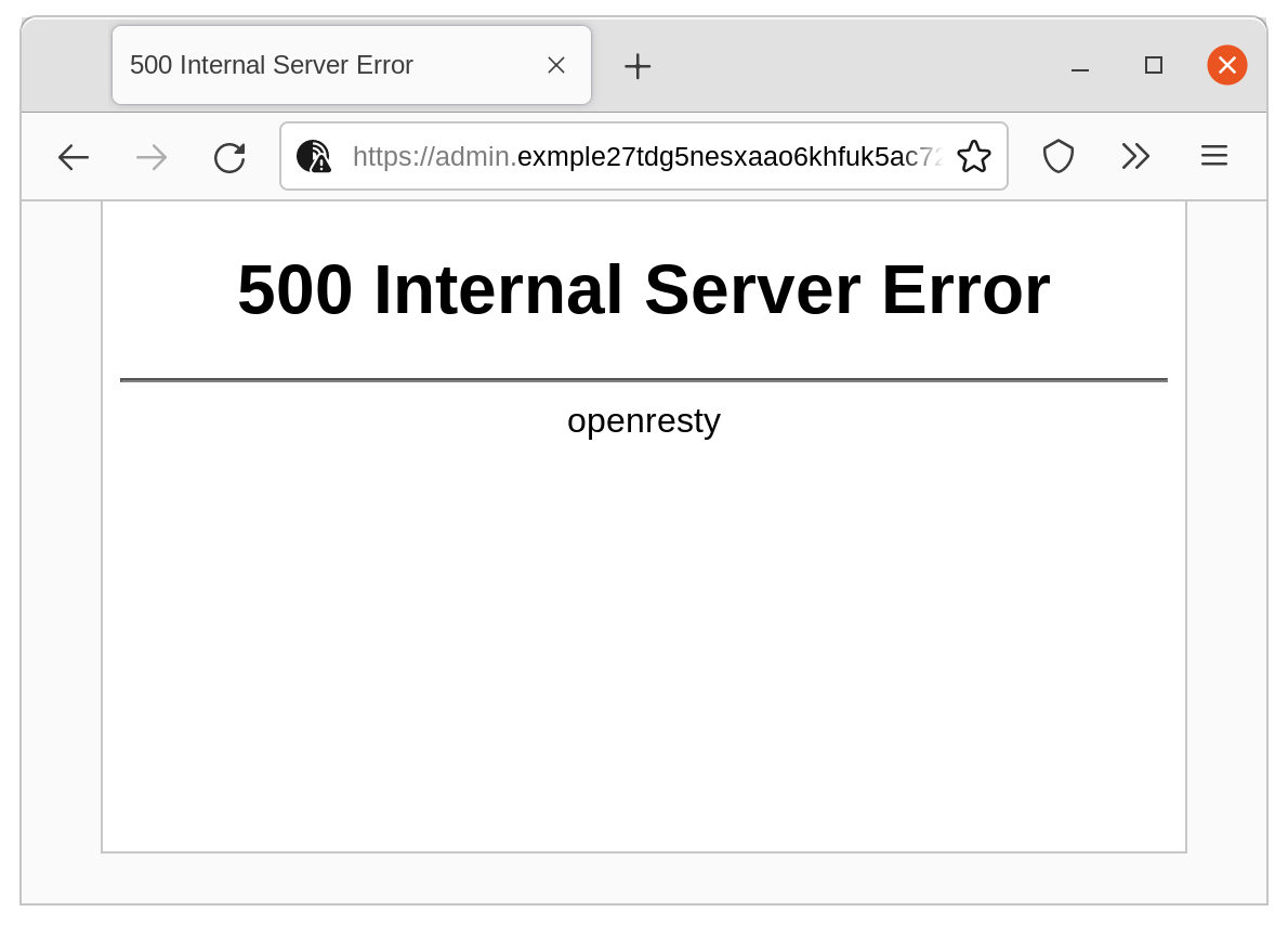 A screenshot of the Tor Browser, attempting to visit a blacklisted resource. The browser displays "500 Internal Server Error."