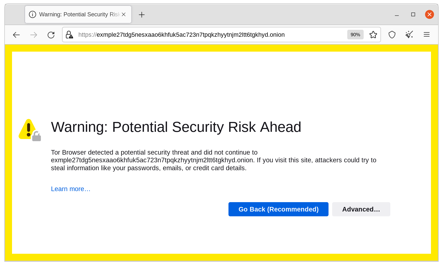 A screenshot of Tor Browser with a self-signed TLS certificate warning. The browser window contains a prominent warning yellow border, with the words: "Warning, Potential Security Risk Ahead" in large type.