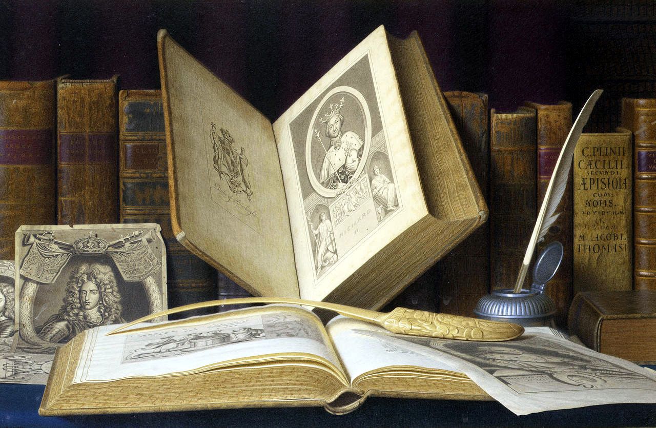 A classical painting of an opened book, held up against a row of books in the background.