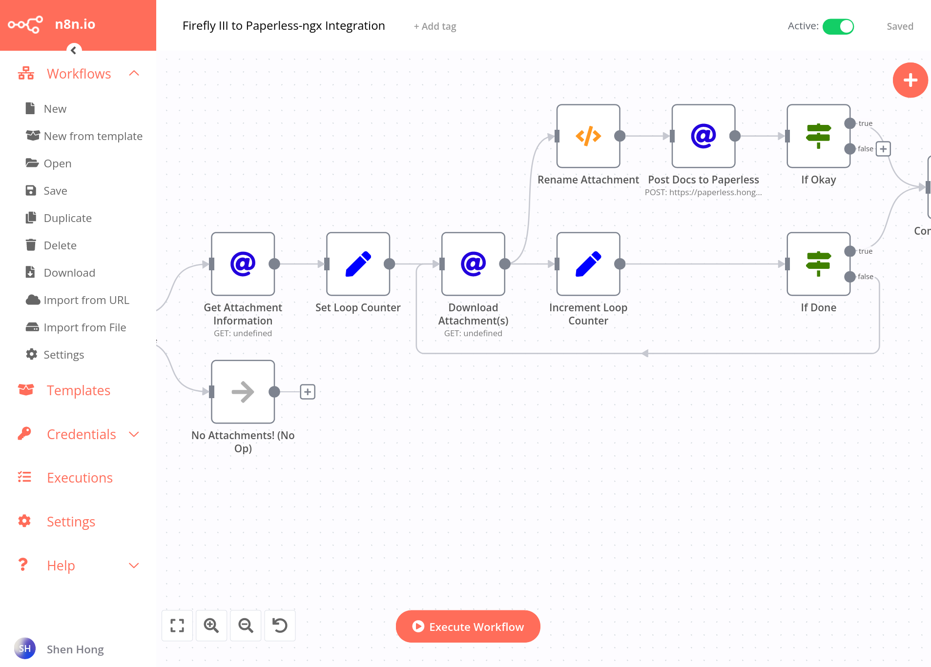 A screenshot of the n8n workflow editor, focused on the download attachment loop.