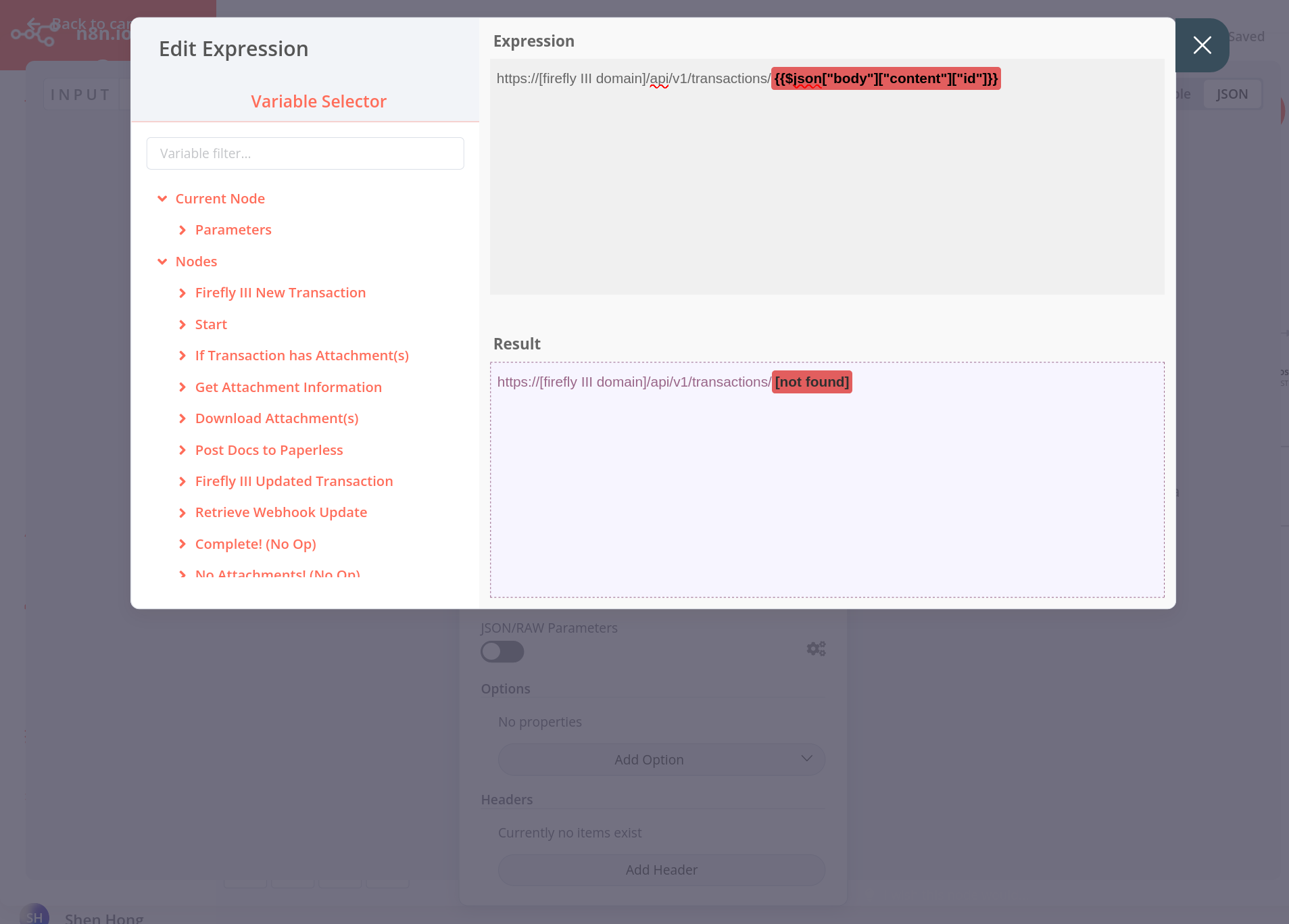 Screenshot of the n8n expression editor