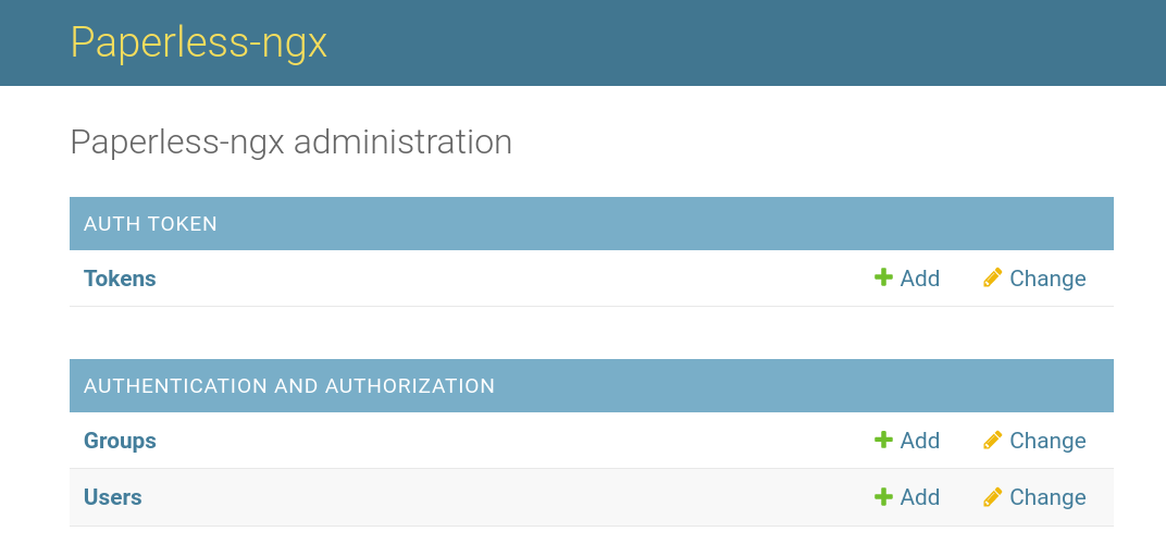 A screenshot of the paperless-ngx admin page, where authentication tokens can be generated.
