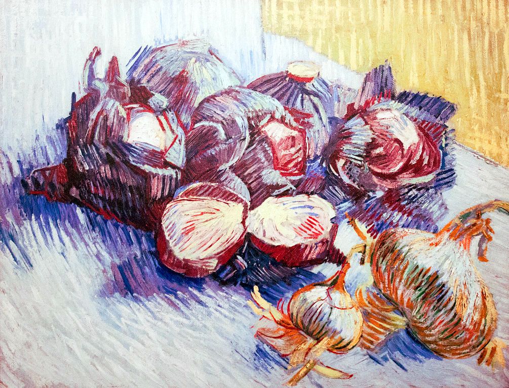 A painting of red onions on a white background, with bold brushstrokes.