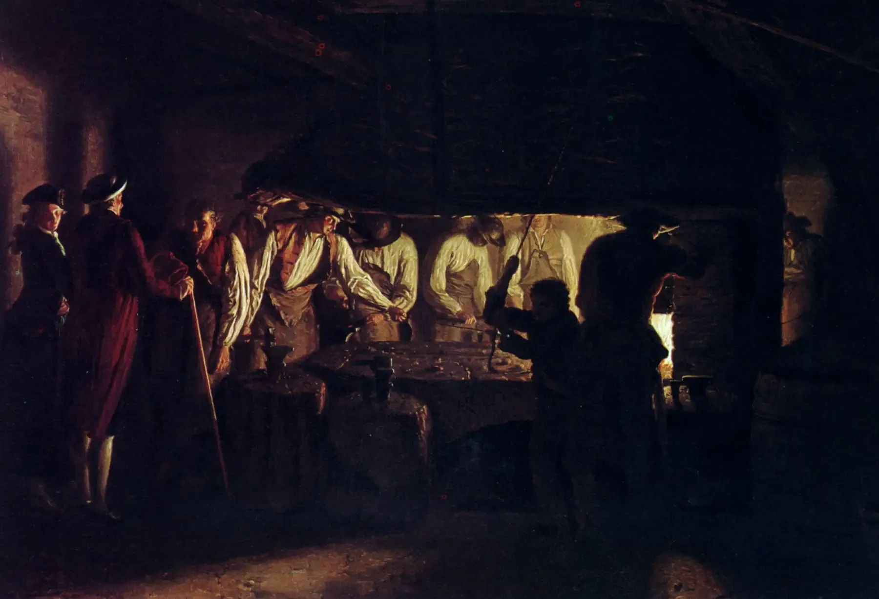 An European oil-painting of a line of workers standing by the glow of an oven.