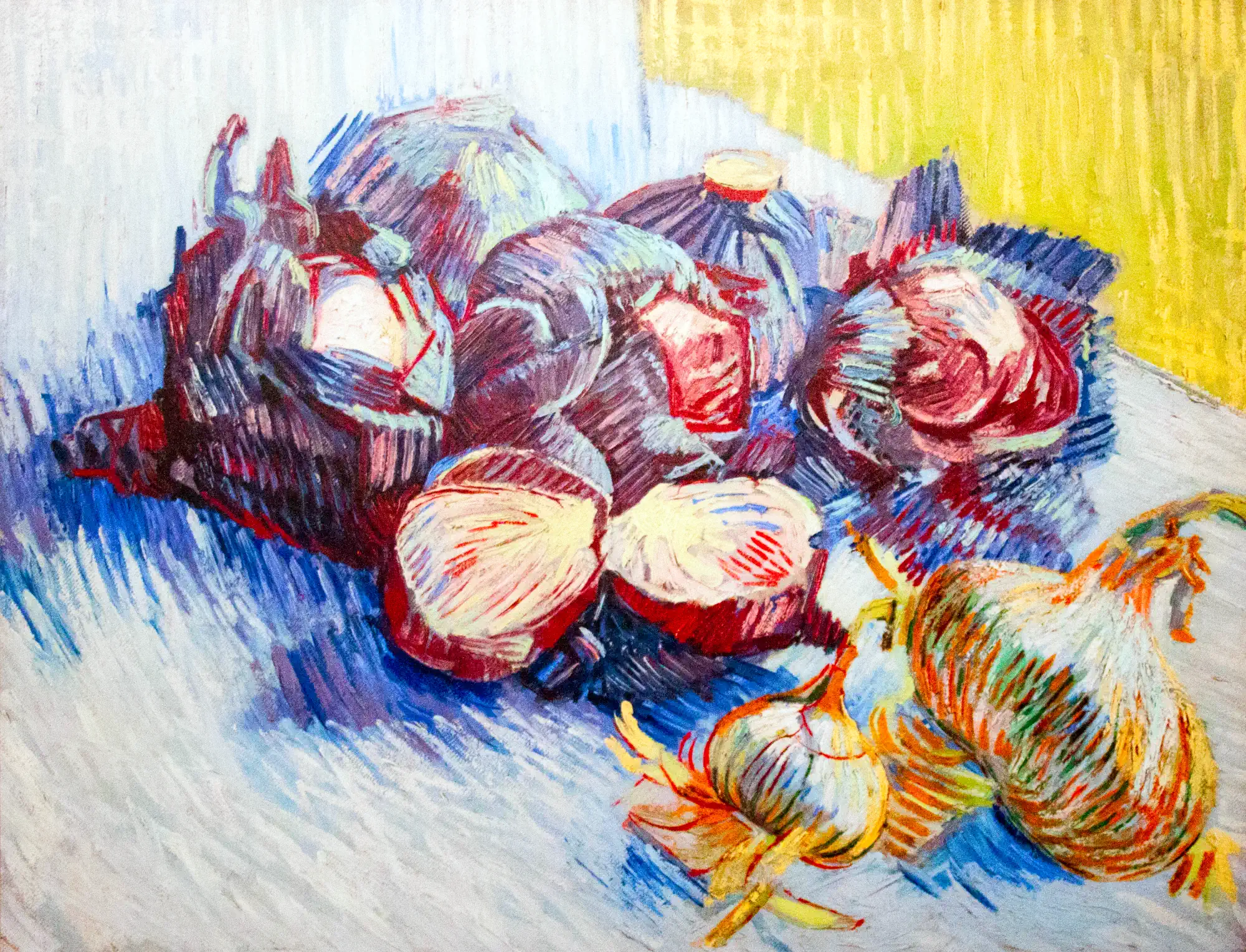 An image of red onions in front of a pastel white background. Painted with broad brushstrokes.
