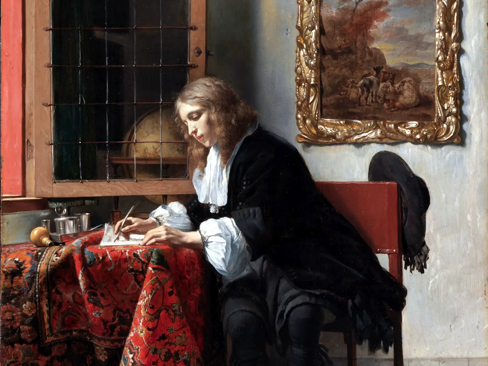 Oil painting of a man writing a letter using a quill.