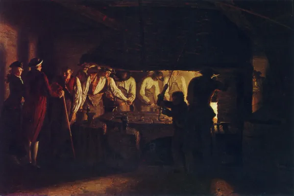 A photo of a line of workers in front of a furnace, backlit.